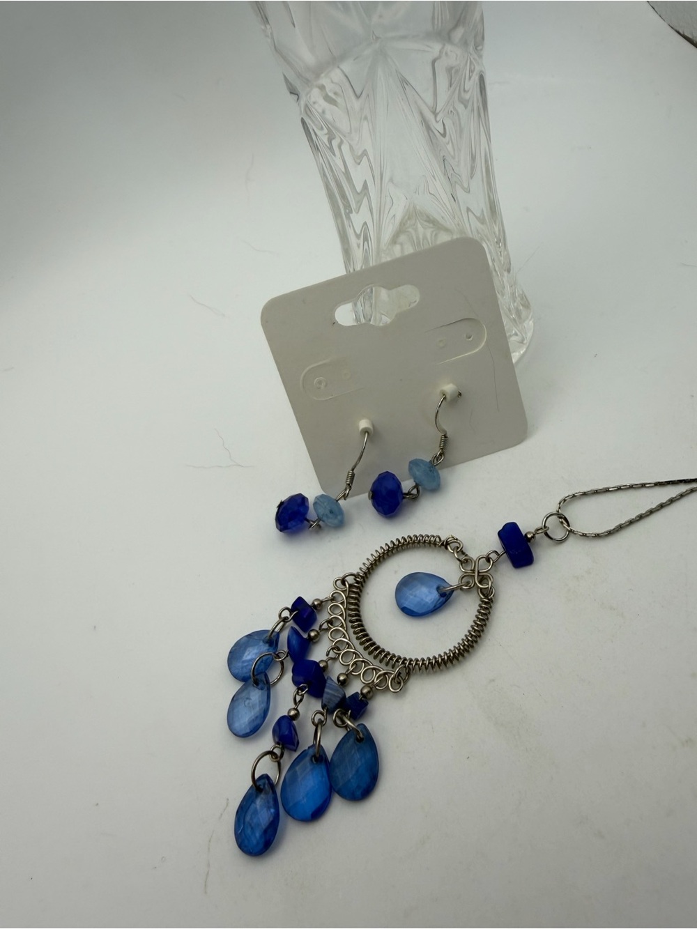 2/15 Blue Teardrop Dangle Pendant 15” Necklace and Matching Earrings